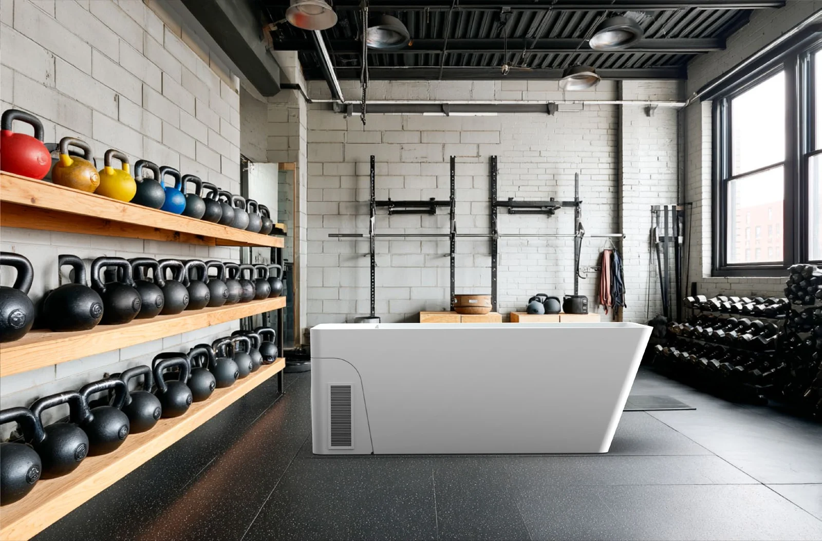 Peakspan G1 acrylic cold plunge in a gym setting