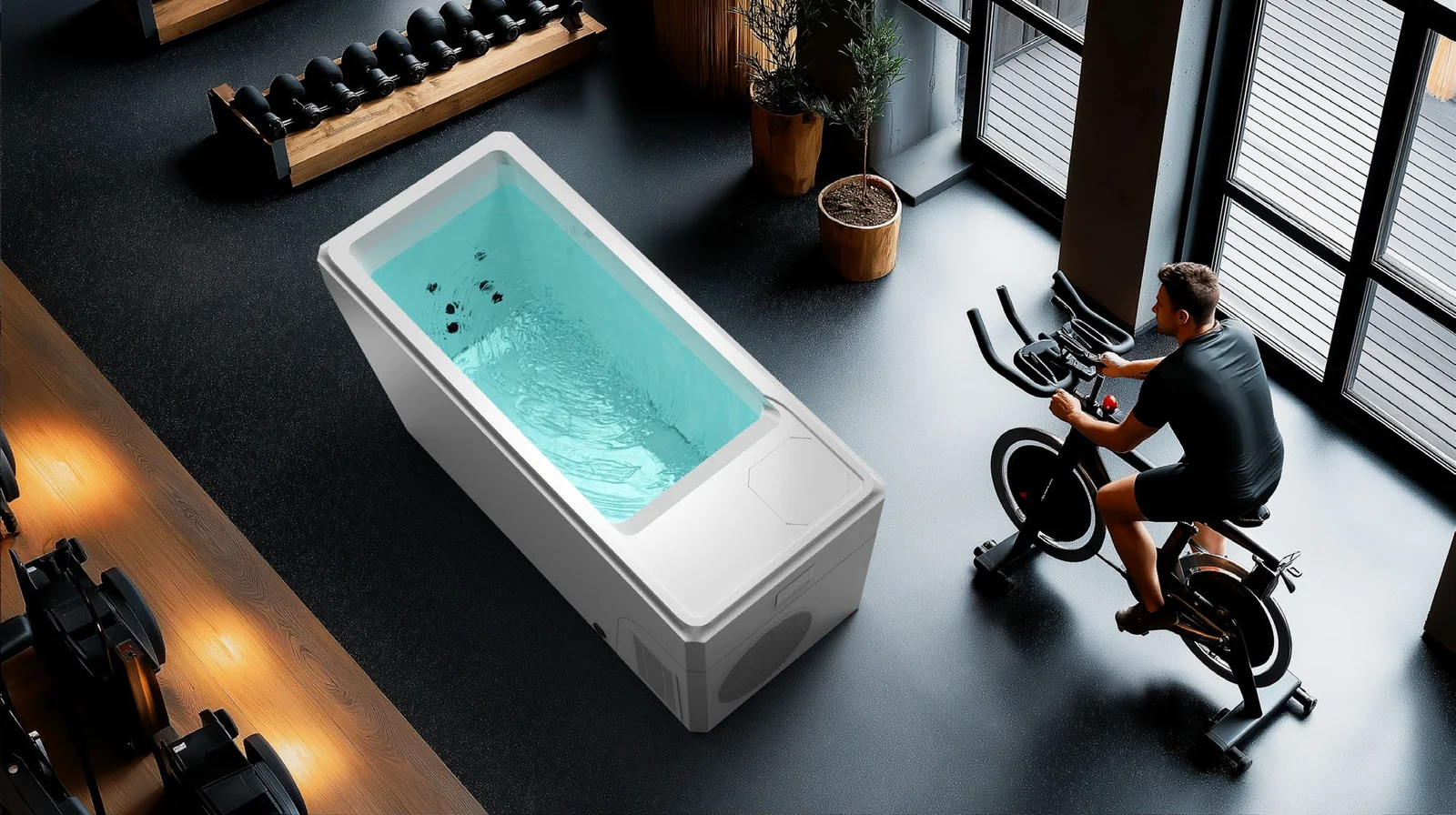 Peakspan G3 cold plunge with built-in massage system, overhead view in a gym
