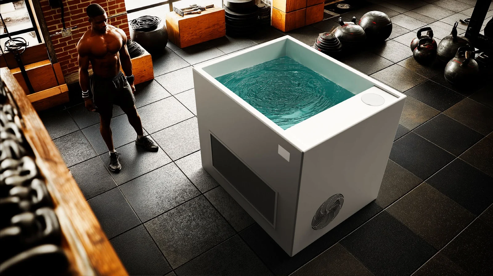 Peakspan G4 compact cold plunge in a gym setting