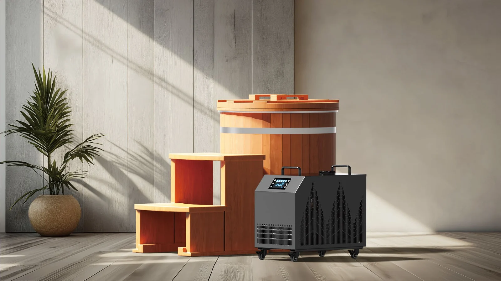 Peakspan XY PRO heater-chiller beside a cedar barrel tub