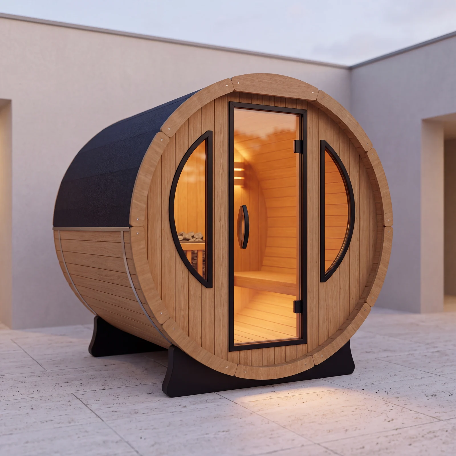 Peakspan Belinay outdoor barrel sauna — front view