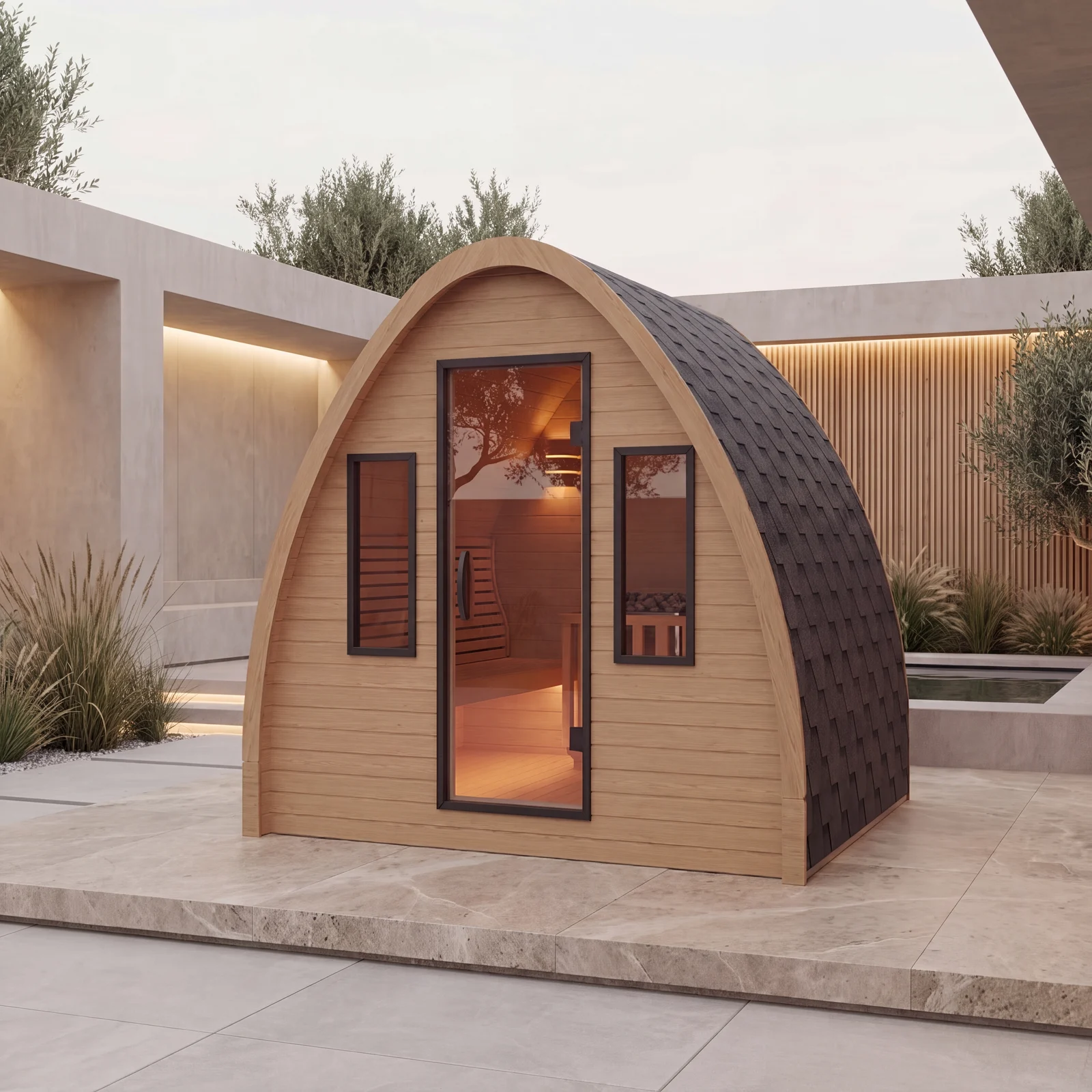 Peakspan Chloe outdoor sauna — three-quarter view