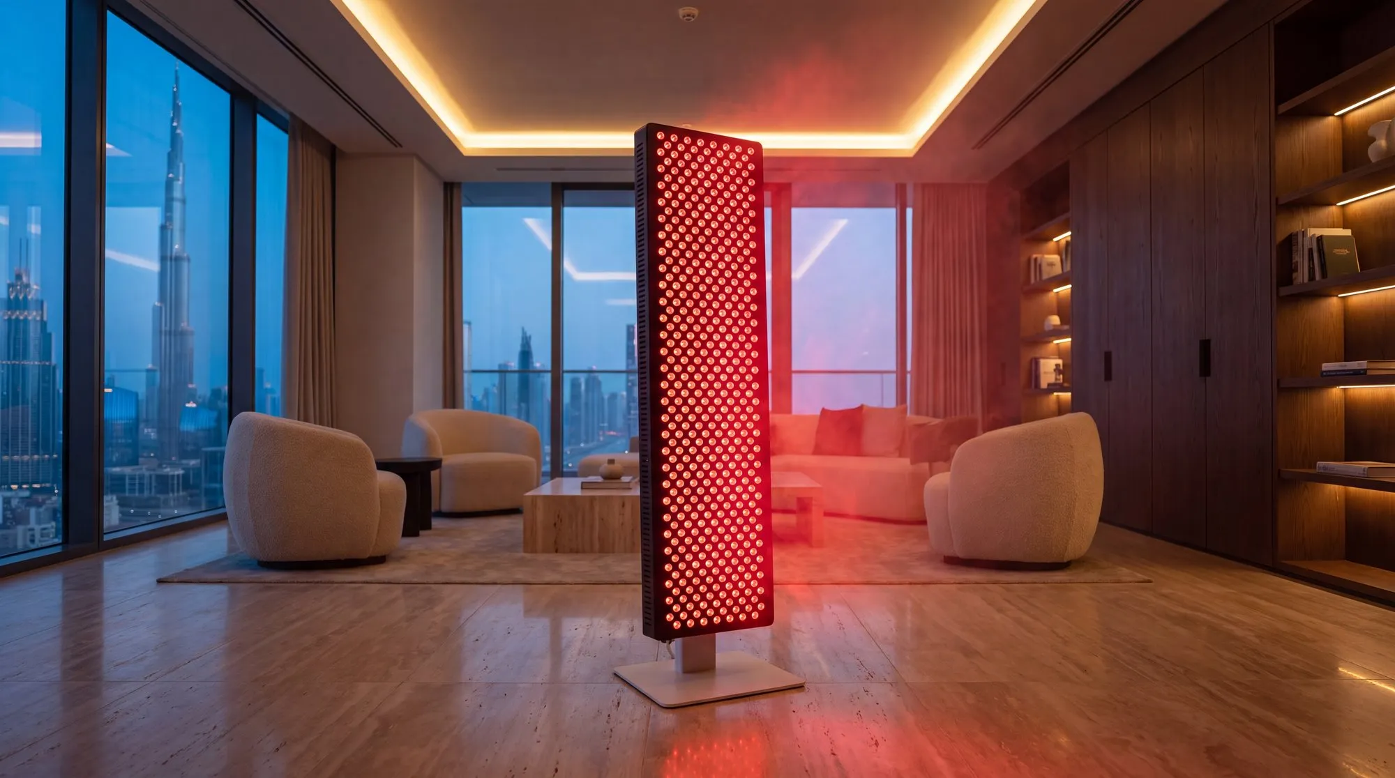 Tall red-light LED panel in a contemporary Dubai apartment